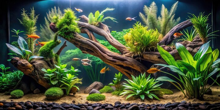 Planted Freshwater Aquarium with Asymmetrical Java Fern Design - Aquascape Inspiration, Aquatic Plants, Freshwater Fish, Aquarist Decor, Natural Habitat, Underwater Landscape