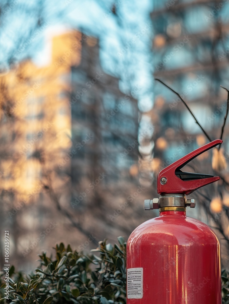 Poster A vivid fire extinguisher is prominently displayed in the foreground with a contemporary building softly blurred behind it. Generative AI