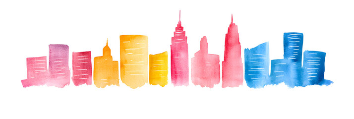 Naklejka premium Watercolor Illustration banner of City Skyline isolated on white background