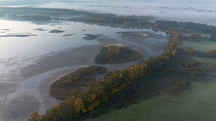 Milickie Ponds at sunrise, bird's eye view, Lower Silesian Voivodeship, Poland