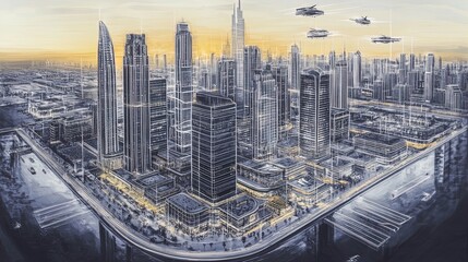 Naklejka premium Vibrant Futuristic Cityscape Poster: Sunset Skyline with Skyscrapers, Flying Cars, and Neon Lights - Perfect for Sports Interior Décor!