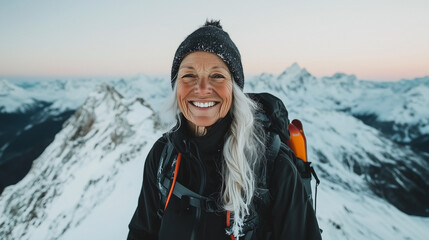 Professional photo of smiling mature woman standing on the peak of the snowy mountain 