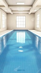 A tranquil indoor swimming pool illuminated by morning light with a minimalistic design for swim training and relaxation