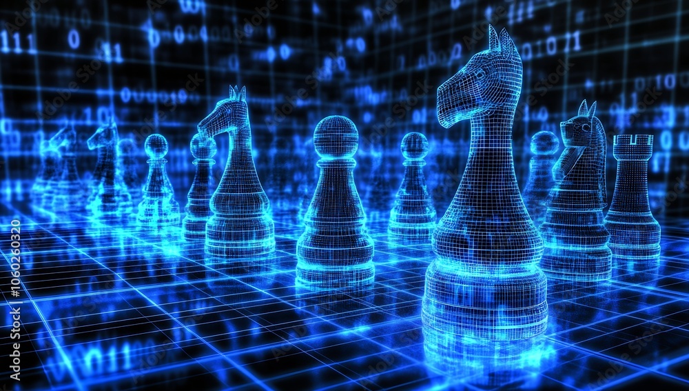 Poster virtual chessboard with futuristic digital chess pieces glowing in blue light : generative ai
