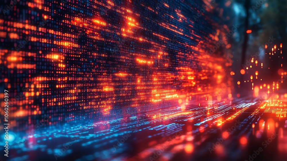 Poster Futuristic Digital Data Stream with Binary Code and Vibrant Neon Colors : Generative AI