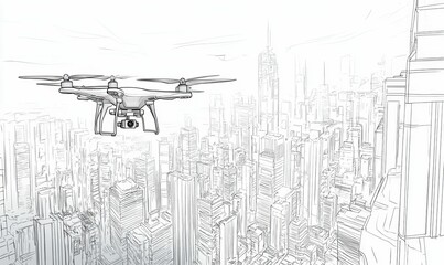 Obraz premium Drone flying over city skyline sketch.