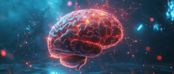 Fototapeta premium vibrant, futuristic illustration of brain illuminated with neural networks, showcasing connections and data flow in digital environment