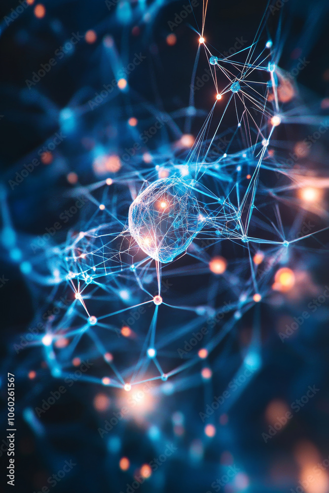Poster futuristic illustration of neural networks showcasing interconnected nodes and glowing elements, rep