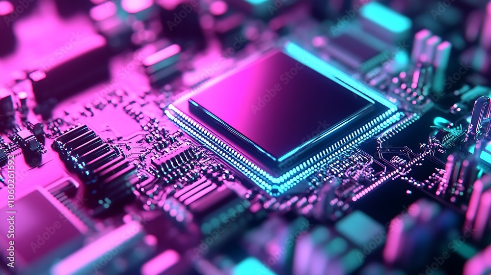 Poster Futuristic Pink Neon Circuit Board with Glowing Microchip Technology Background : Generative AI