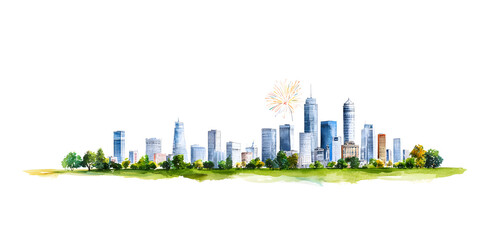 Fototapeta premium City Skyline With Fireworks at Night banner isolated on white background