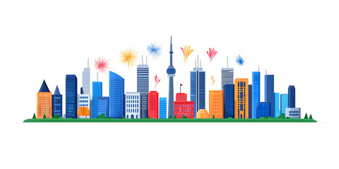 Obraz premium City Skyline With Fireworks at Night banner isolated on white background