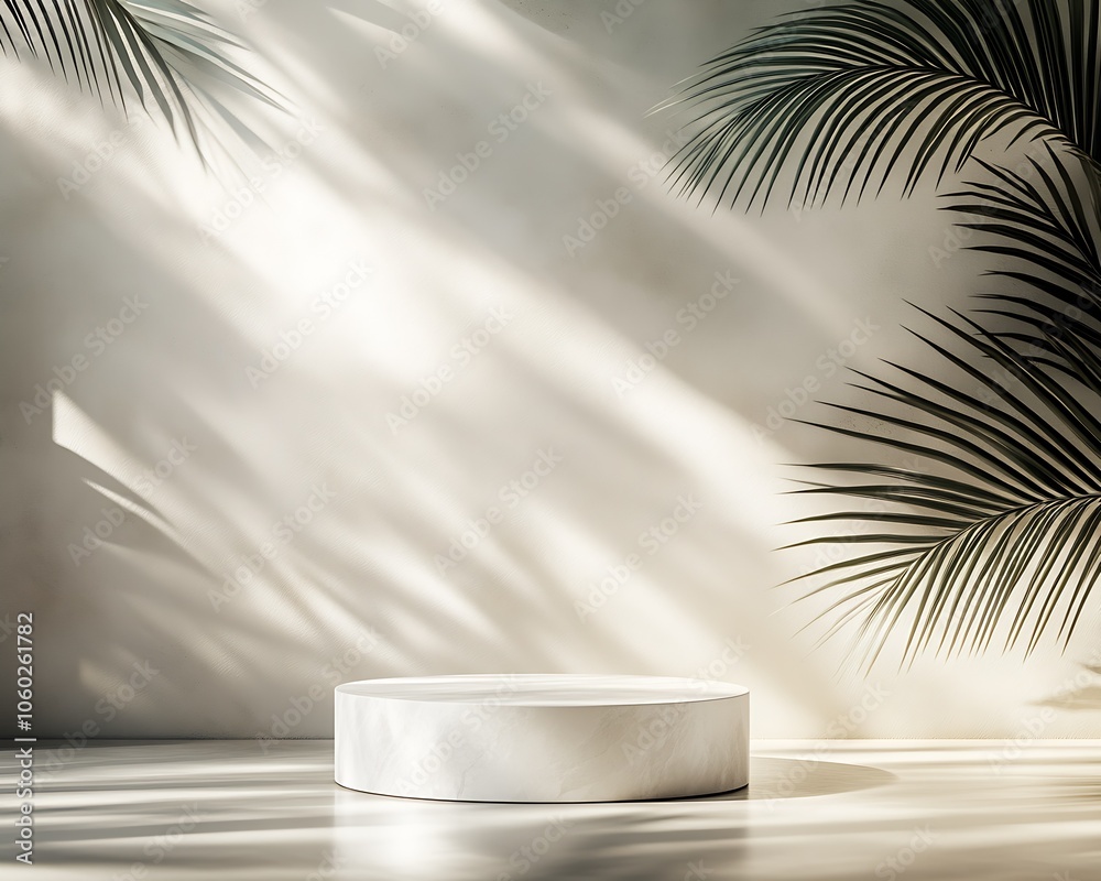 Poster Marble Pedestal with Palm Leaf Shadows Ambient Light Artistic Display : Generative AI
