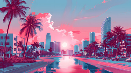Miami Summer Vibes retro illustration. Vintage pink and blue colors, buildings, California palms, 80s style