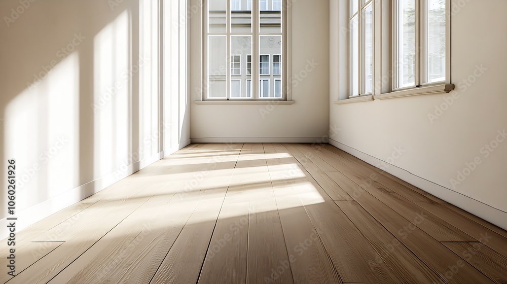 Poster spacious sunlit empty room with wooden flooring and large windows : generative ai