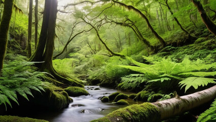 Fototapeta premium Rainforest with Mossy Trees and Flowing River