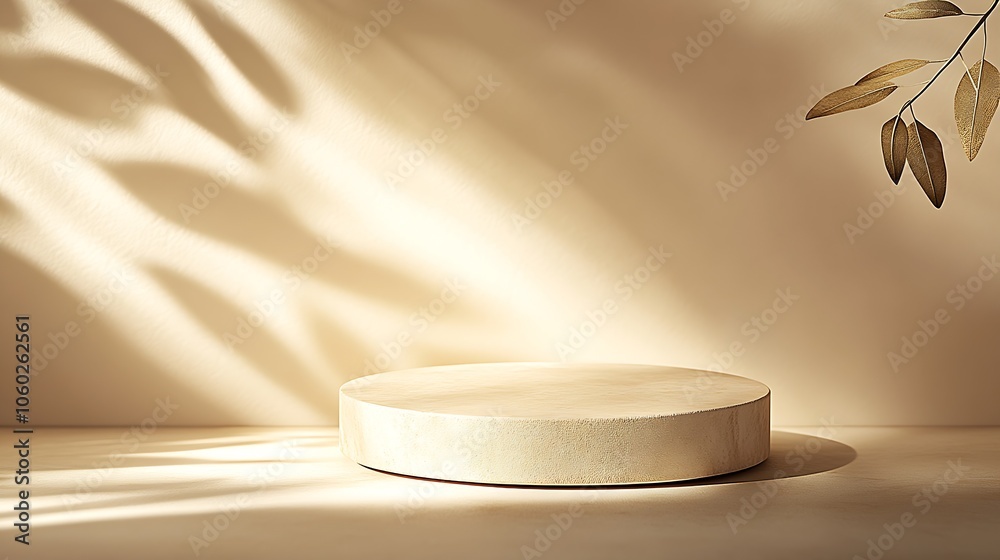 Aufkleber Elegant Golden Podium with Leaves and Shadows in Minimalist Studio Setting : Generative AI