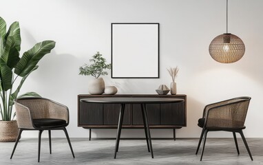Fototapeta premium Presenting a refined living room interior with a sleek black designer table and coordinating chairs, illuminated by a stylish dark gray lamp. 