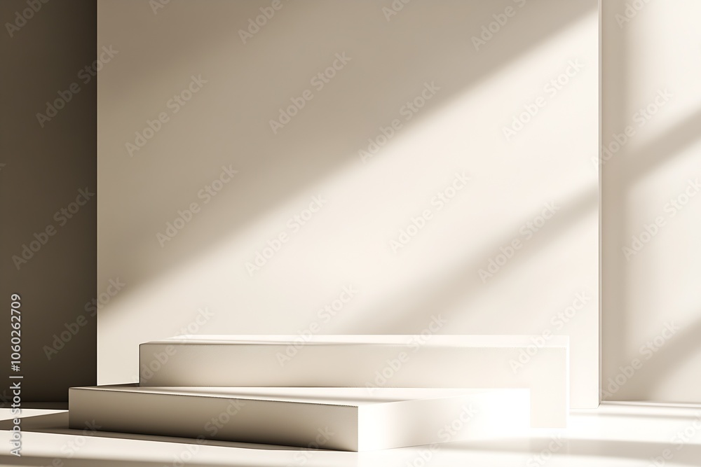 Aufkleber minimalist white display podium with geometric shadows in soft daylight : generative ai