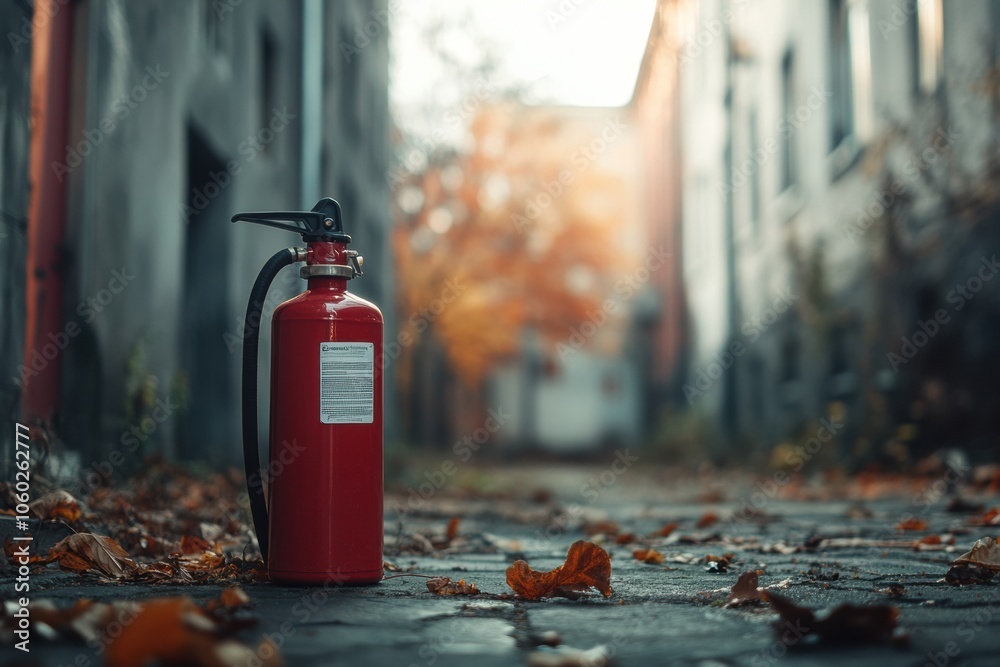 Poster A bright red fire extinguisher is positioned on a cobblestone path, surrounded by scattered autumn leaves in a blurred building backdrop. Generative AI