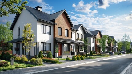 A row of modern, single-family homes with manicured lawns and a paved street in front.