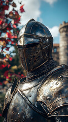 Naklejka premium A weathered knight in full armor stands with a castle in the background, the leaves of an autumn tree are visible in the foreground.