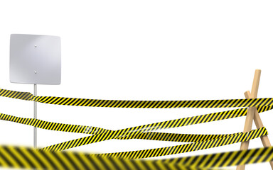 3d render of black and yellow construction lines wrapped around a blank sign board, on a transparent background