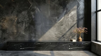 Mockup scene for product display with empty black marble surface on dark wall background and natural lighting.