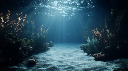 Obraz premium Peaceful Oceanic Depths Illumined by Sunlight on a Coral Reef : Generative AI