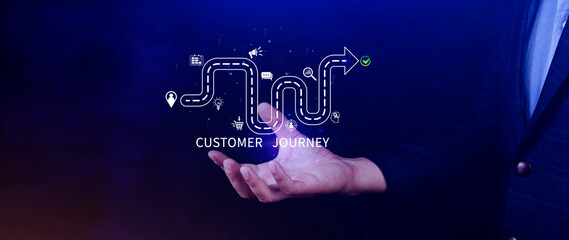 Naklejka premium Customer journey concept, marketing and customer behavior analysis, Understanding customer journey to improve their overall customer experience and increase loyalty, Marketing strategic planning.