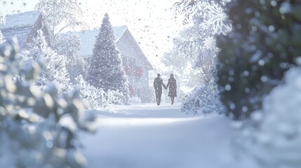 Naklejka premium Romantic Winter Stroll in Festive Village - Couple Holding Hands in Snowy Scene with Charming Decorations and Soft Snowflakes Falling