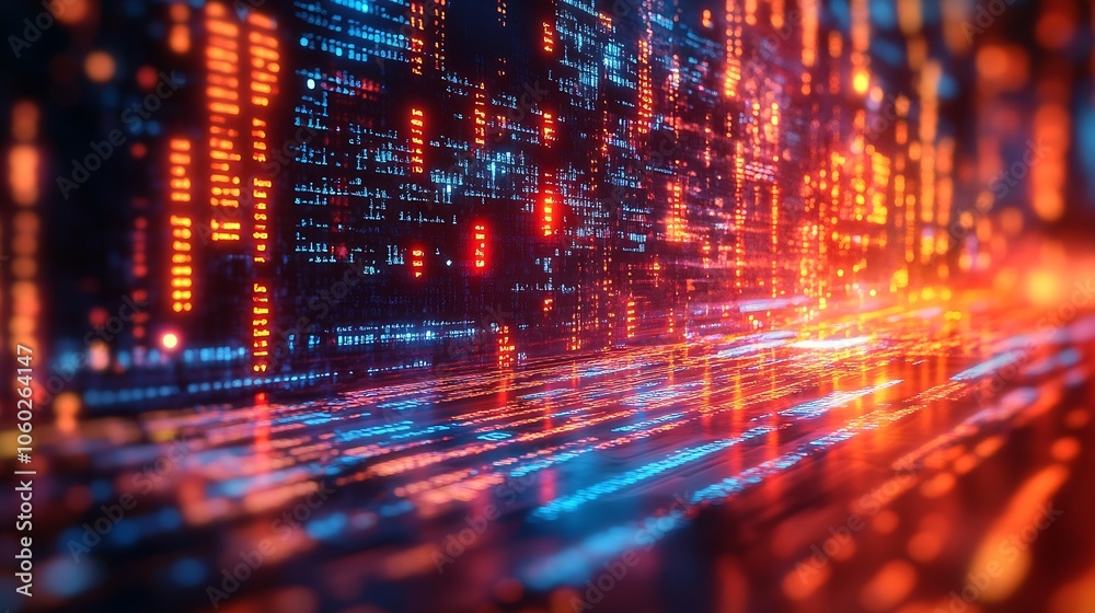 Poster futuristic digital data stream in vivid orange and blue lights : generative ai