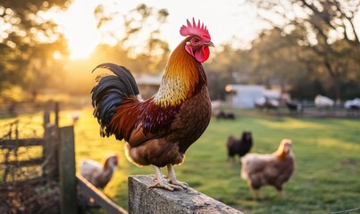 Fototapeta premium Rooster stands on fence, chickens in background.