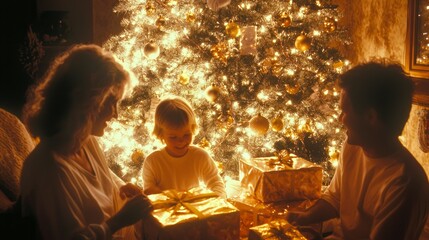 Fototapeta premium Festive Cheer: Happy Family Unwrapping Christmas Presents Around the Tree in a Heartwarming Scene of Togetherness and Joy