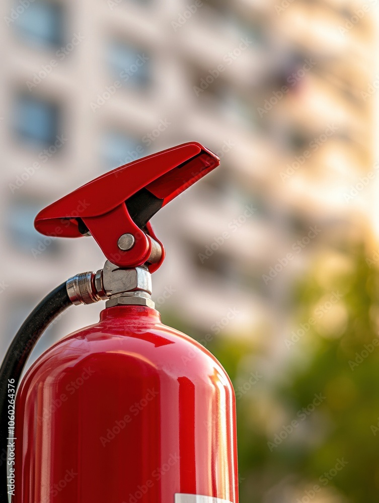 Aufkleber a vivid fire extinguisher stands out in the foreground with a blurred building looming behind it, ca