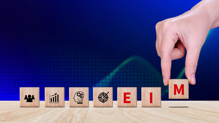 EIM Enterprise information management system on wooden cubes, EIM Global Network with Analyzing Technological Data, Efficient Information Management.