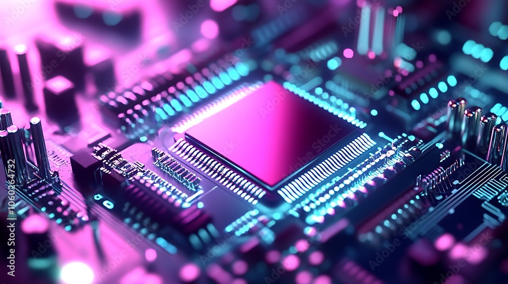 Poster Closeup of a Pink and Blue Circuit Board with Microchip Highlighting Advanced Electronics : Generative AI