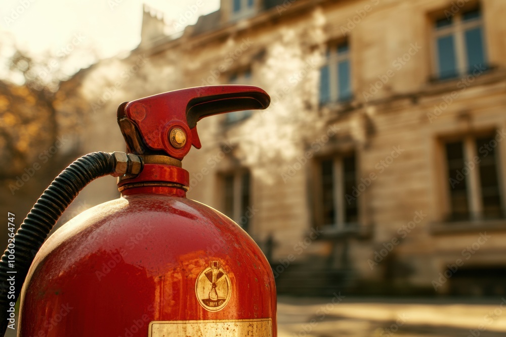 Poster a vivid fire extinguisher stands prominently while a traditional building looms softly blurred behin