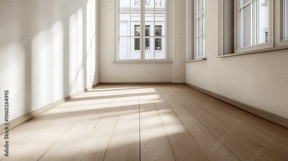 Poster bright open room with wood floors and white walls featuring large windows : generative ai