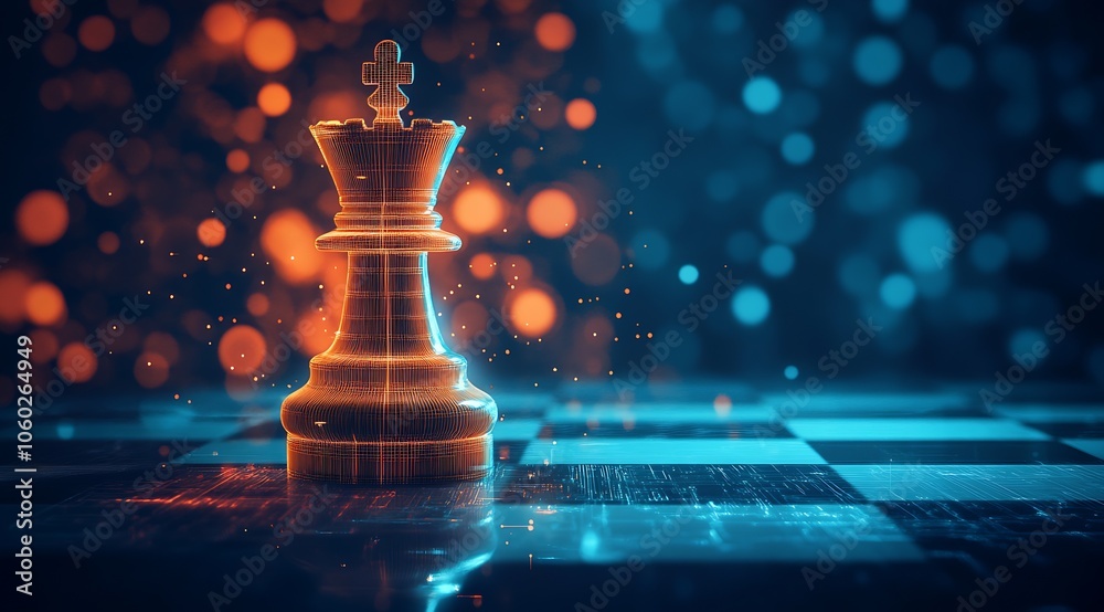 Poster Futuristic Chess King Hologram on Digital Chessboard with Neon Bokeh Background : Generative AI