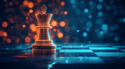 Futuristic Chess King Hologram on Digital Chessboard with Neon Bokeh Background : Generative AI