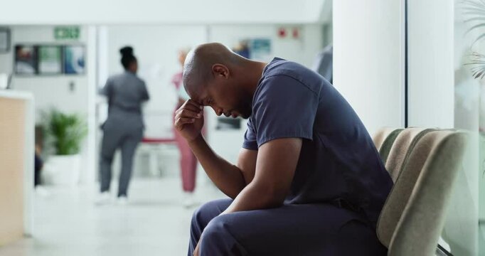 Stress, black man and doctor in hospital with mistake, crisis or burnout for medical service. Headache, fatigue and male surgeon with exhaustion, error and emotions for healthcare fail in clinic.