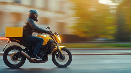 Dynamic delivery ride through the bustling city streets on a sunny day with vibrant hues and high-speed movement