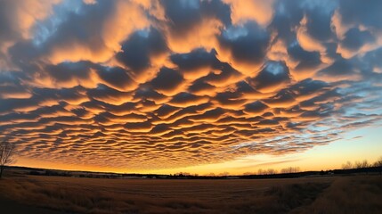 Dramatic cloud formation during sunset over an open field with grass and trees silhouetted against the colorful sky