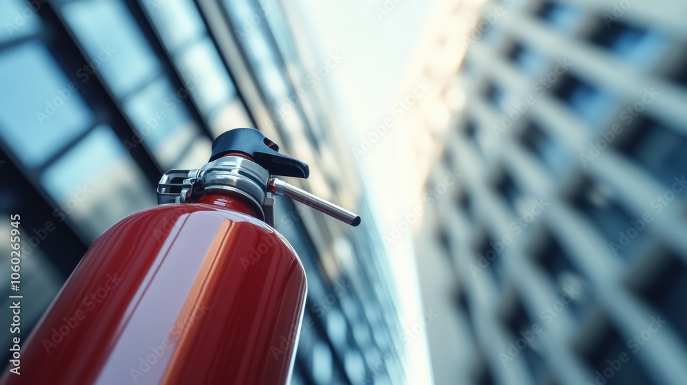 Poster a vibrant fire extinguisher stands out in the foreground while a contemporary building looms softly 