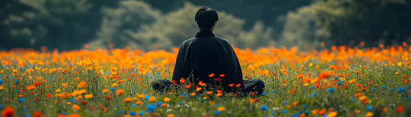 A Person Sits in a Field of Orange and Blue Wildflowers