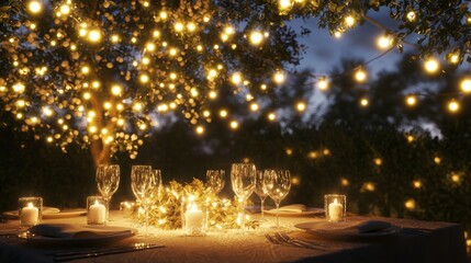 Festive Christmas Dinner Setting Under Starry Sky with Romantic Atmosphere and Candlelight Ambiance