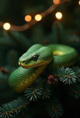 Fototapeta premium Green snake resting on an illuminated christmas tree branch, symbol of 2025 according to the Chinese