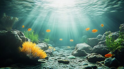 Naklejka premium Underwater Serenity with Sunlight and Vibrant Orange Fish in Pristine Coral Reef : Generative AI