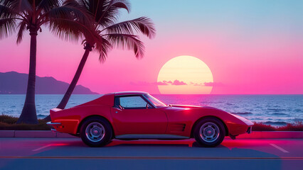 Retrowave style. Vintage red sports muscle car on the road near beach and palm trees. Beautiful colorful purple neon colored sunset.