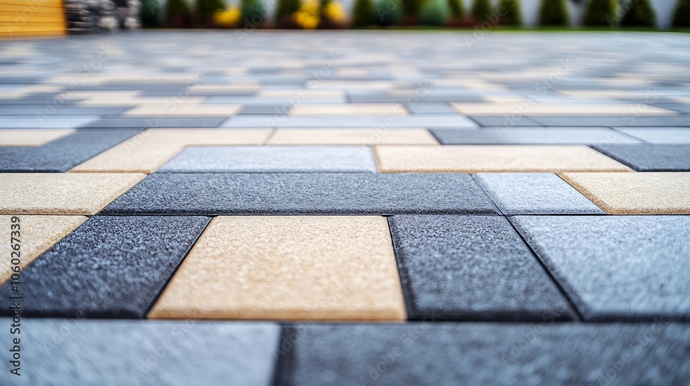 Poster Closeup of Designer Patterned Pavers Creating a Unique Sidewalk Texture in Contemporary Landscaping : Generative AI